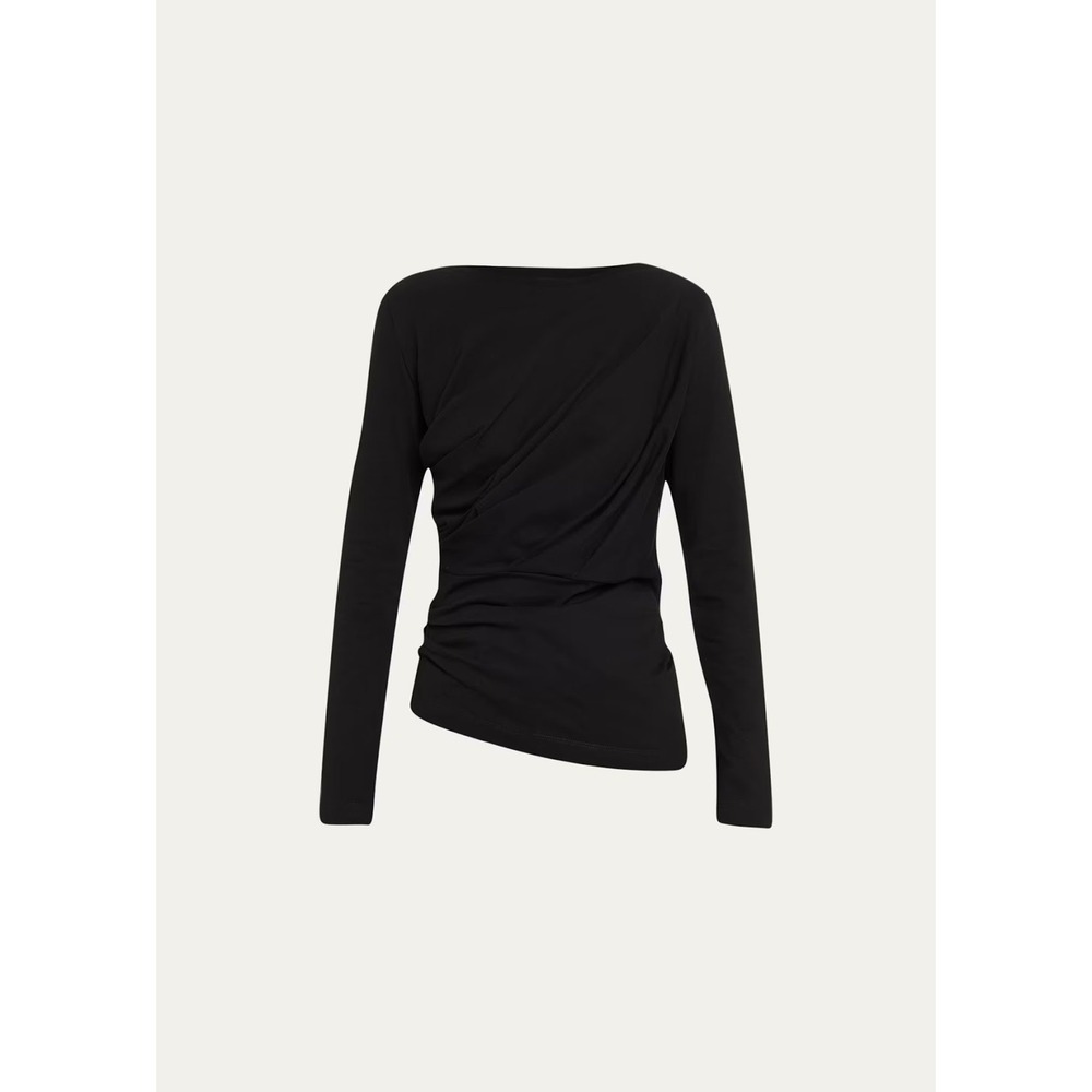 Dries Van Noten Black Draped Ruched Long Sleeve Cotton Top Small